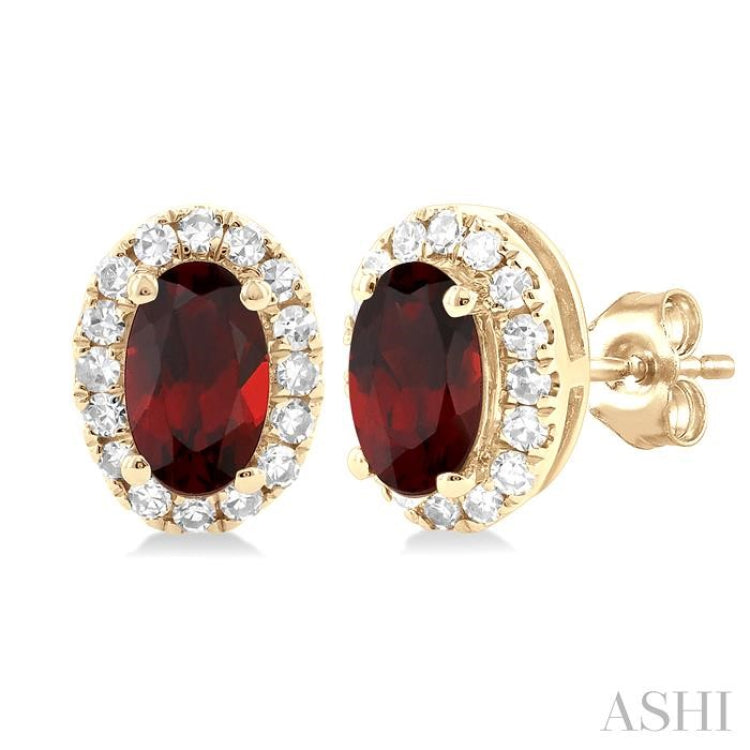 5x3 MM Oval Shape Garnet and 1/8 Ctw Round Cut Diamond Halo Semi-Precious Stud Earrings in 14K Yellow Gold