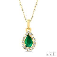 5x3 MM Pear Shape Emerald and 1/20 Ctw Round Cut Diamond Halo Precious Pendant with Chain in 14K Yellow Gold