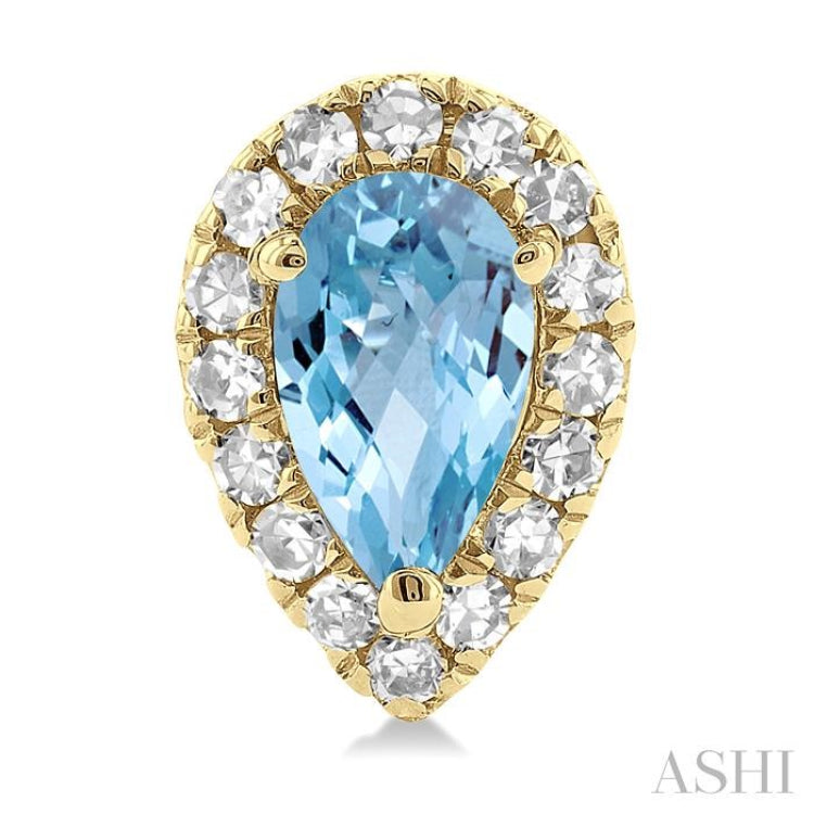 5x3 MM Pear Shape Aquamarine and 1/8 Ctw Round Cut Diamond Halo Semi-Precious Stud Earrings in 10K Yellow Gold