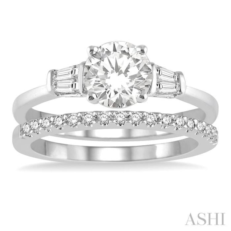 3/4 Ctw Diamond Wedding Set With 5/8 Ctw Baguette & Round Cut Engagement Ring and 1/6 Ctw Round Cut Diamond Wedding Band in 14K White Gold