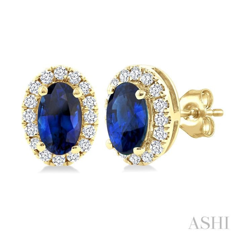 5x3 MM Oval Shape Sapphire and 1/8 Ctw Round Cut Diamond Halo Precious Stud Earrings in 14K Yellow Gold