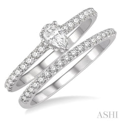 3/4 Ctw Diamond Wedding Set With 5/8 Ct Pear Cut Diamond Engagement Ring and 1/6 Ct Wedding Band in 14K White Gold