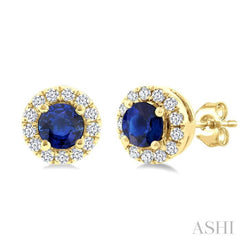 3.25 MM Round Sapphire and 1/10 Ctw Round Cut Diamond Halo Precious Stud Earrings in 10K Yellow Gold