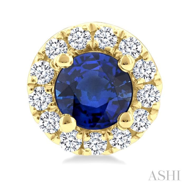 3.25 MM Round Sapphire and 1/10 Ctw Round Cut Diamond Halo Precious Stud Earrings in 10K Yellow Gold