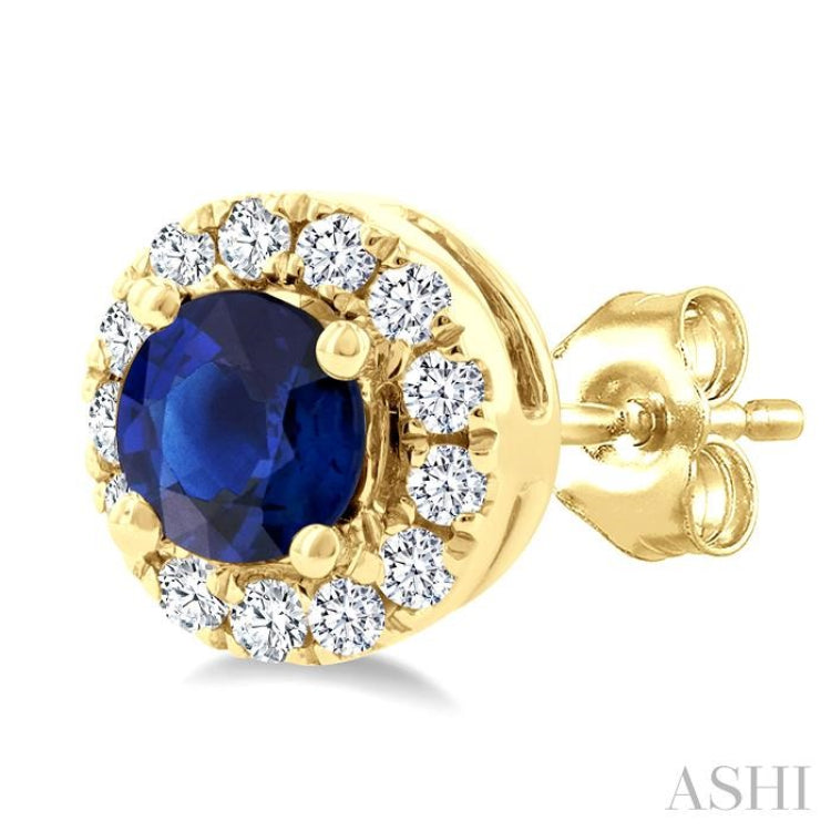 3.25 MM Round Sapphire and 1/10 Ctw Round Cut Diamond Halo Precious Stud Earrings in 10K Yellow Gold