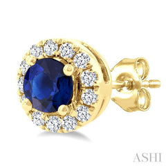 3.25 MM Round Sapphire and 1/10 Ctw Round Cut Diamond Halo Precious Stud Earrings in 10K Yellow Gold