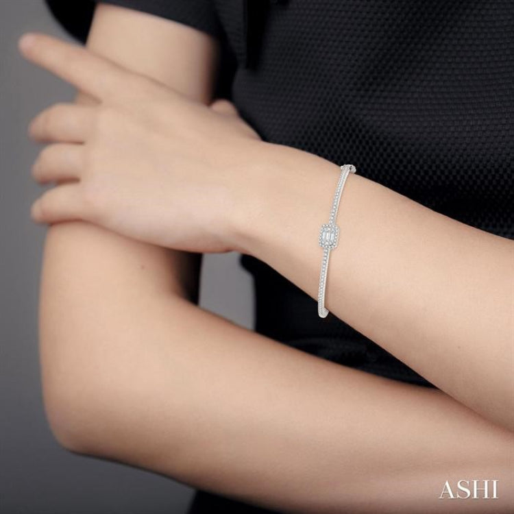 1 Ctw Emerald Shape Fusion Baguette and Round Cut Diamond Stackable Bangle in 14K White Gold