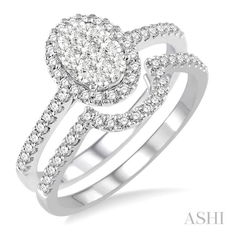 3/4 Ctw Oval Shape Diamond Lovebright Wedding Set with 1/2 Ctw Engagement Ring and 1/5 Ctw Wedding Band in 14K White Gold