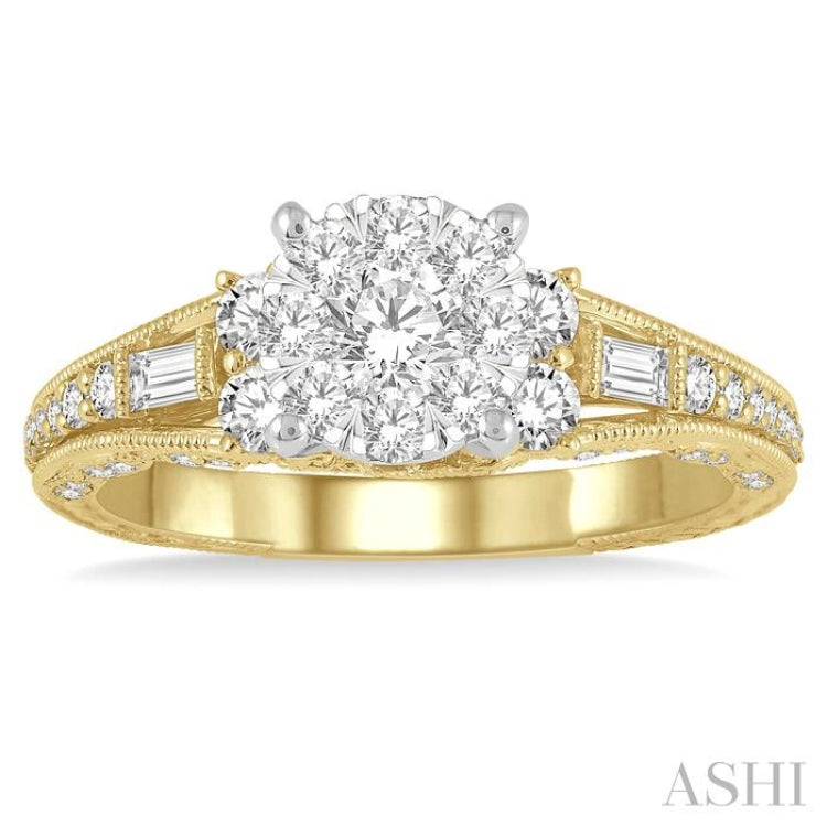 7/8 Ctw Circular Mount Lovebright Round Cut and Baguette Diamond Engagement Ring in 14K Yellow and White Gold