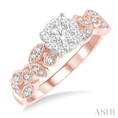1/2 Ctw Marquise and Circular Mount Carved Lovebright Round Cut Diamond Engagement Ring in 14K Rose and White Gold