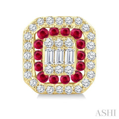 1/3 Ctw Octagonal Shape 1.25MM Round Cut Ruby, Baguette and Round Cut Diamond Fusion Precious Stud Earrings in 14K Yellow Gold