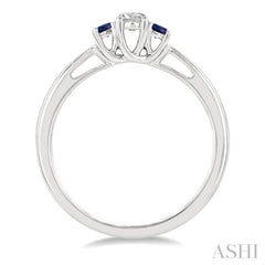 2.15 MM Round Shape Sapphire and 1/6 Ctw Past Present and Future Round Cut Diamond Precious Ring in 14K White Gold