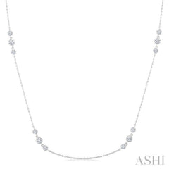 1 Ctw Three Stone Bezel Set Round Cut Diamond Station Necklace in 14K White Gold