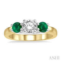 3.90 MM Round Shape Emerald and 1/2 Ctw Past Present and Future Round Cut Diamond Precious Ring in 14K Yellow and White Gold