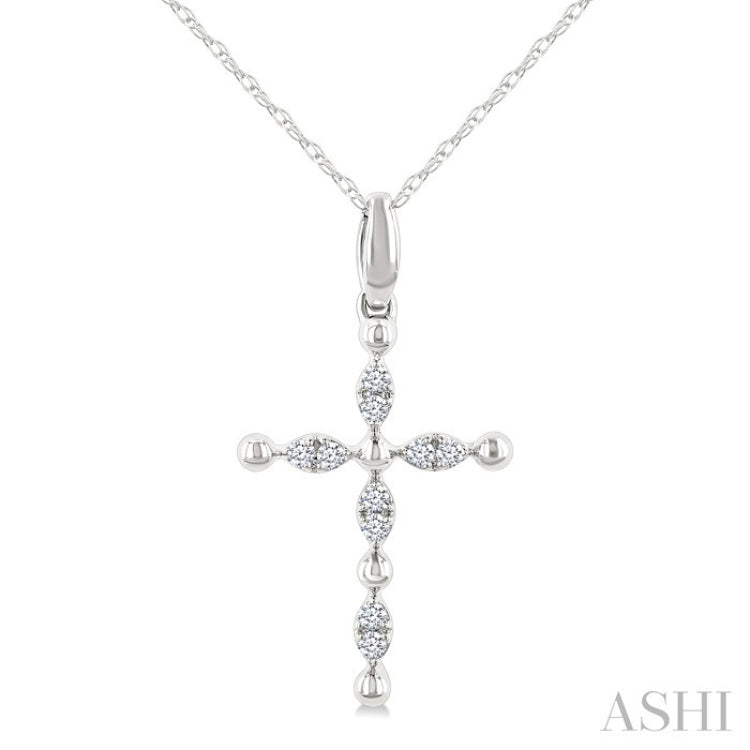 1/20 Ctw Cross Marquise and Ball Bead Motif Round Cut Diamond Fashion Pendant With Chain in 10K White Gold