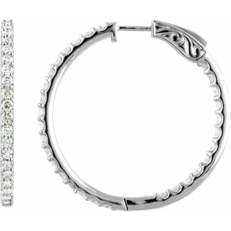 14K White Gold 6 1/2 CTW Natural Diamond Inside-Outside 51 mm Hinged Hoop Earrings