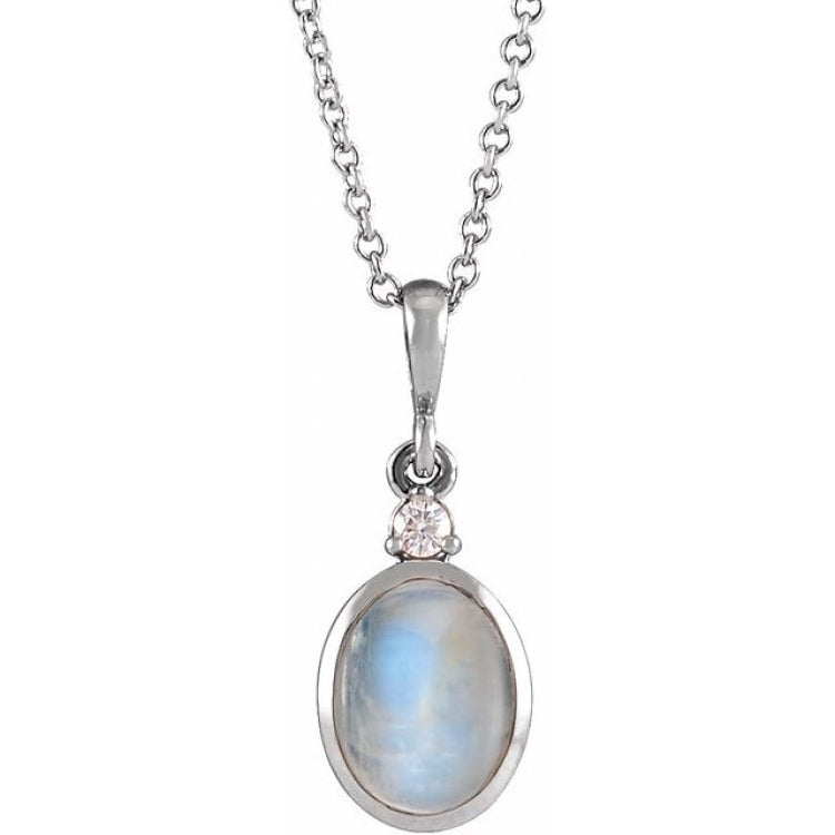 Sterling Silver 6x4 mm Natural Rainbow Moonstone & .015 CT Natural Diamond 16-18" Necklace