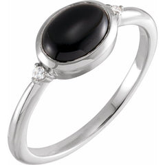 14K White Gold 8x6 mm Round Natural Black Onyx & .03 CTW Natural Diamond Ring