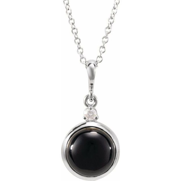 14K White Gold 6 mm Natural Black Onyx & .03 CT Natural Diamond Cabochon 16-18" Necklace