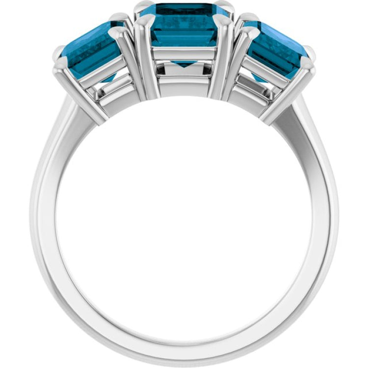 Sterling Silver 8x6 mm Emerald Natural London Blue Topaz Three-Stone Ring