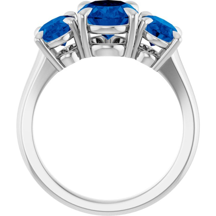 14K White Gold 8x6 mm Oval Lab-Grown Blue Sapphire Three-Stone Ring