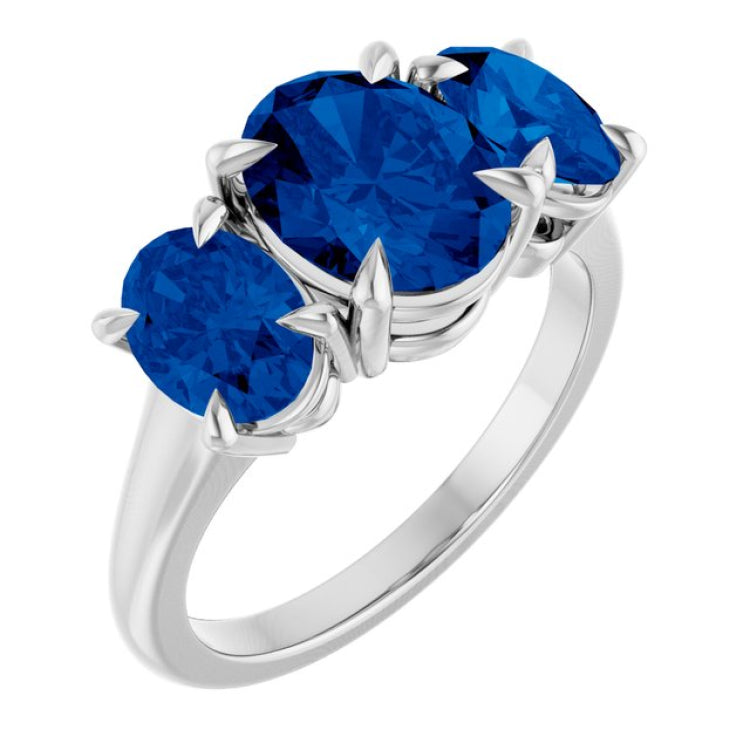 Platinum 9x7 mm Oval Lab-Grown Blue Sapphire Three-Stone Ring