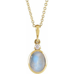 14K Yellow Gold 5x3 mm Natural Rainbow Moonstone & .03 CT Natural Diamond 16-18" Necklace
