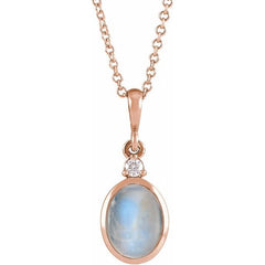 14K Rose Gold 5x3 mm Natural Rainbow Moonstone & .03 CT Natural Diamond 16-18" Necklace