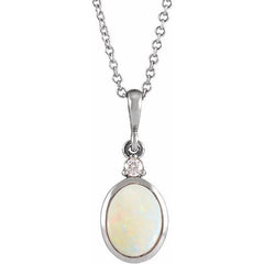 14K White Gold 5x3 mm Natural White Opal & .03 CT Natural Diamond 16-18" Necklace