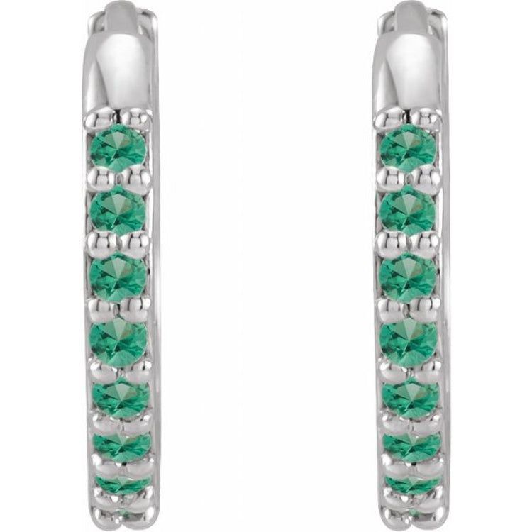 14K White Gold Lab-Grown Emerald Hinged 12.5 mm Hoop Earrings