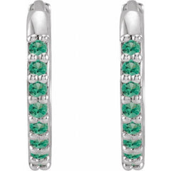 14K White Gold Lab-Grown Emerald Hinged 12.5 mm Hoop Earrings