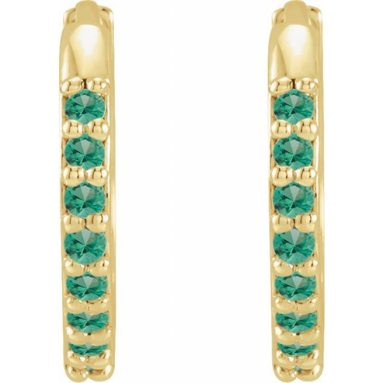 14K Yellow Gold Lab-Grown Emerald Hinged 12.5 mm Hoop Earrings