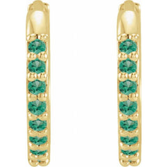 14K Yellow Gold Lab-Grown Emerald Hinged 12.5 mm Hoop Earrings
