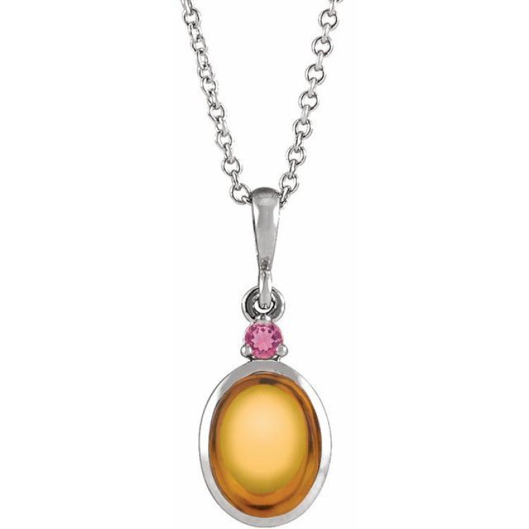 14K White Gold 6x4 mm Natural Citrine & Natural Pink Tourmaline 16-18" Necklace