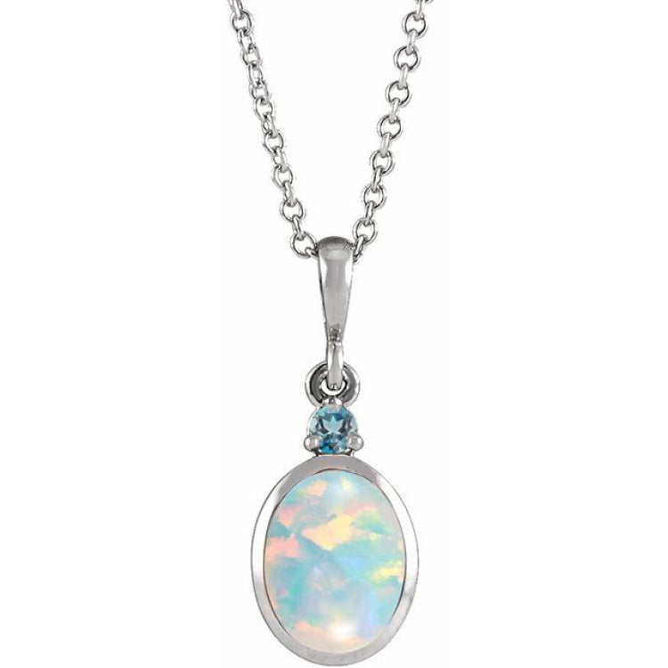 Sterling Silver 8x6 mm Lab-Grown White Opal & Natural London Blue Topaz 16-18" Necklace