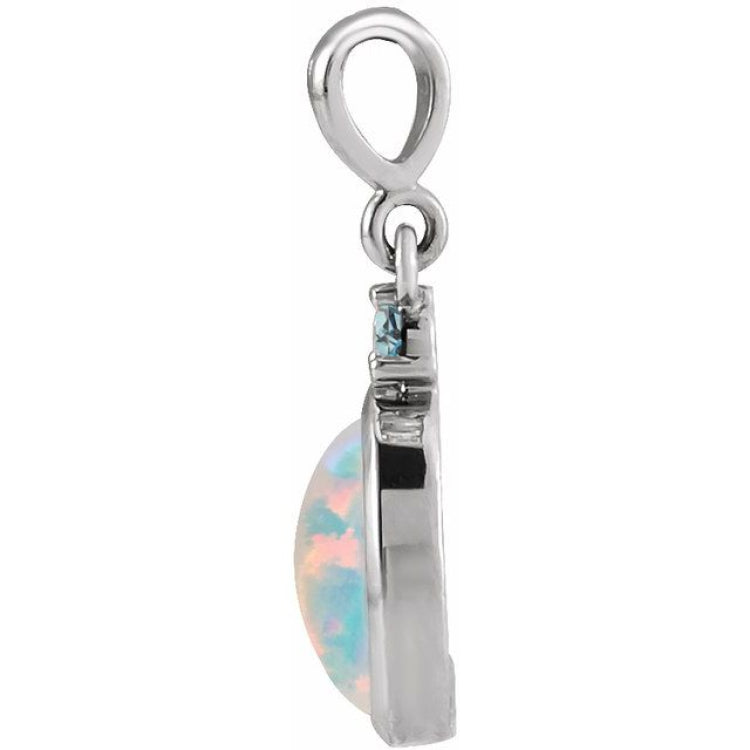 14K White Gold 6x4 mm Lab-Grown White Opal & Natural London Blue Topaz Pendant