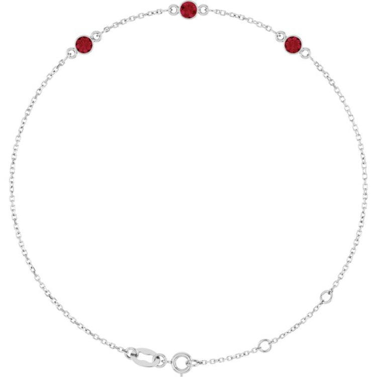 14K White Gold Natural Ruby Bezel-Set 3-Stone 6 1/2-7 1/2" Bracelet