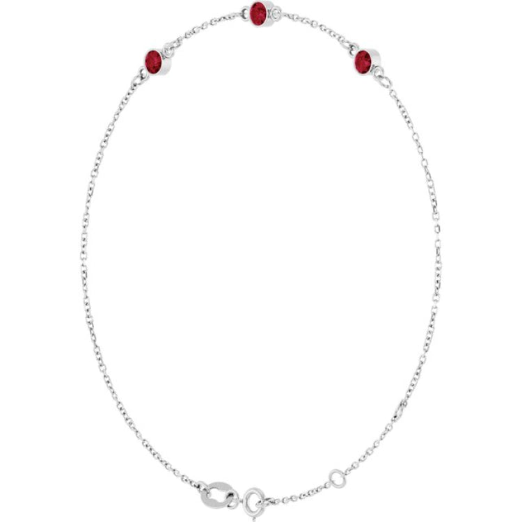 14K White Gold Natural Ruby Bezel-Set 3-Stone 6 1/2-7 1/2" Bracelet