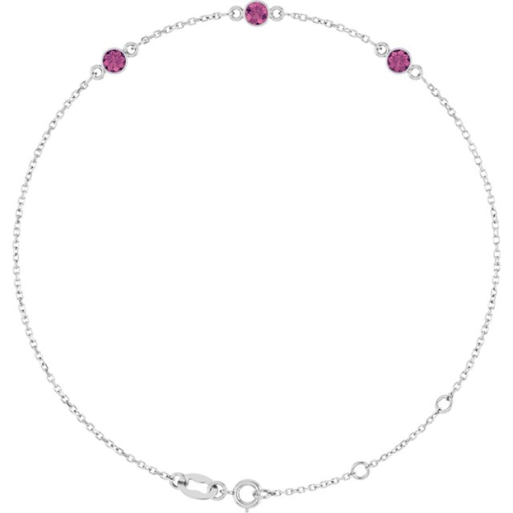 14K White Gold Natural Pink Tourmaline Bezel-Set 3-Stone 6 1/2-7 1/2" Bracelet