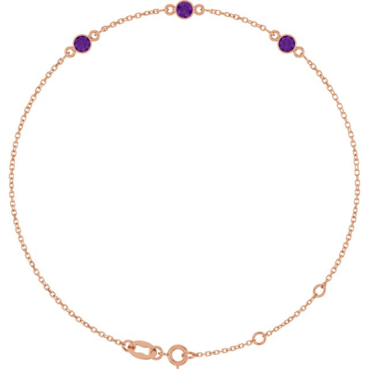 14K Rose Gold Natural Amethyst Bezel-Set 3-Stone 6 1/2-7 1/2" Bracelet