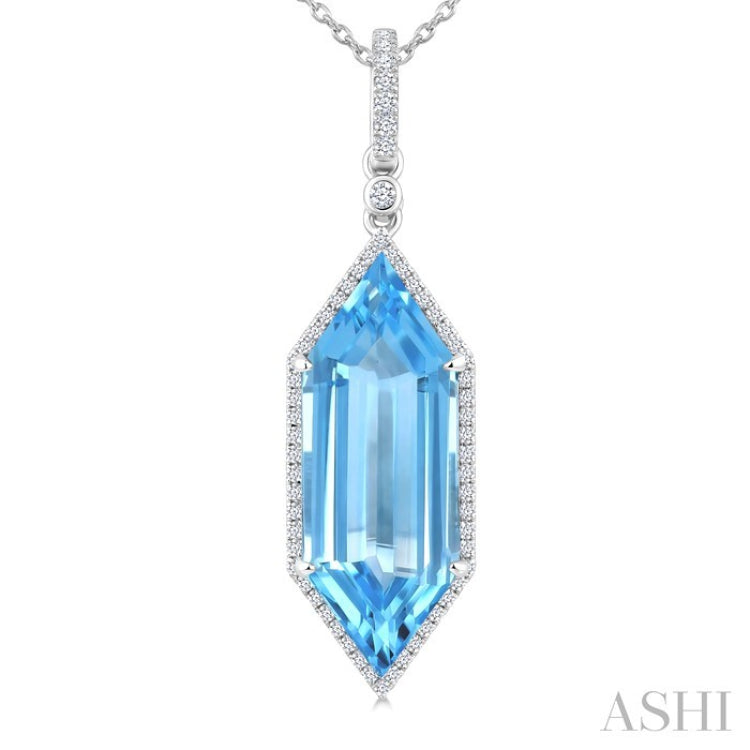 22X8 MM Evoque Gemstones Hexagon Shape Blue Topaz and 1/4 Ctw Round Cut Diamond Semi-Precious Pendant With Chain in 14K White Gold