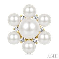 3MM & 5.5MM White Cultured Pearl and 1/10 Ctw Floral Round Cut Diamond Fashion Earrings in 10K Yellow Gold