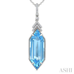 22X8 MM Evoque Gemstones Hexagon Shape Blue Topaz and 1/10 Ctw Round Cut Diamond Semi-Precious Pendant With Chain in 14K White Gold