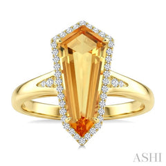 16X7 MM Evoque Gemstone Shield Shape Citrine and 1/6 Ctw Round Cut Diamond Semi-Precious Ring in 10K Yellow Gold