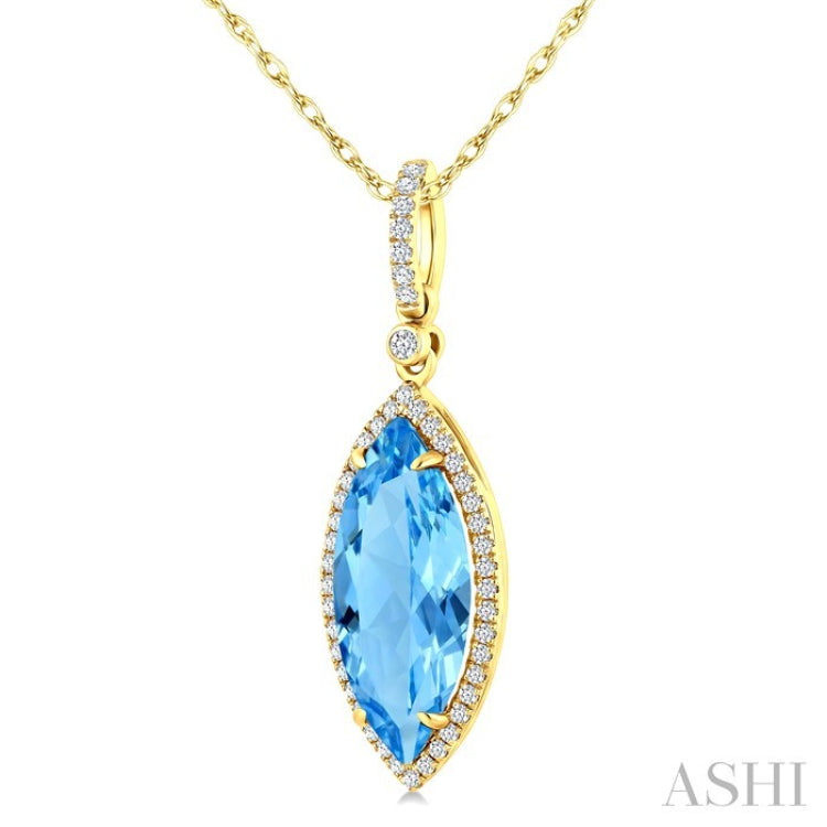 16X7 MM Evoque Gemstones Marquise Shape Blue Topaz and 1/5 Ctw Round Cut Diamond Semi-Precious Pendant With Chain in 10K Yellow Gold