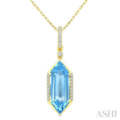16X6 MM Evoque Gemstones Hexagon Shape Blue Topaz and 1/10 Ctw Round Cut Diamond Semi-Precious Pendant With Chain in 10K Yellow Gold