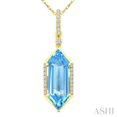 16X6 MM Evoque Gemstones Hexagon Shape Blue Topaz and 1/10 Ctw Round Cut Diamond Semi-Precious Pendant With Chain in 10K Yellow Gold