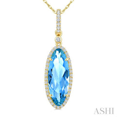16X6 MM Evoque Gemstones Oval Shape Blue Topaz and 1/5 Ctw Round Cut Diamond Semi-Precious Pendant With Chain in 10K Yellow Gold