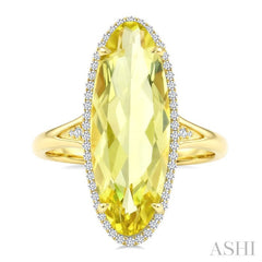 22X8 MM Evoque Gemstones Oval Shape Lemon Quartz and 1/5 Ctw Round Cut Diamond Semi-Precious Ring in 14K Yellow Gold