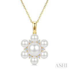 4MM & 7MM White Cultured Pearl and 1/10 Ctw Floral Round Cut Diamond Fashion Pendant With Chain in 10K Yellow Gold